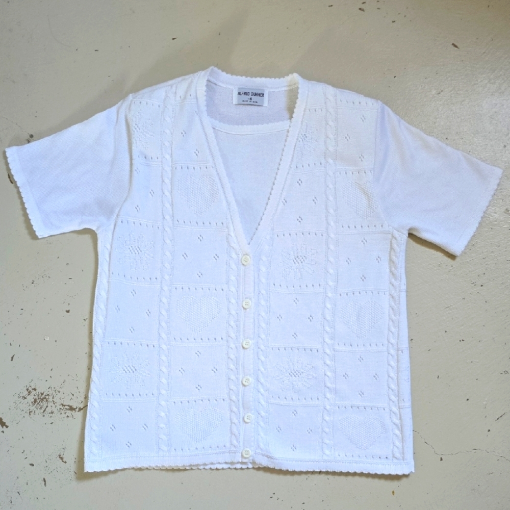 White Alfred Dunner Sweater Cardigan Short Sleeve Size Small Cottagecore